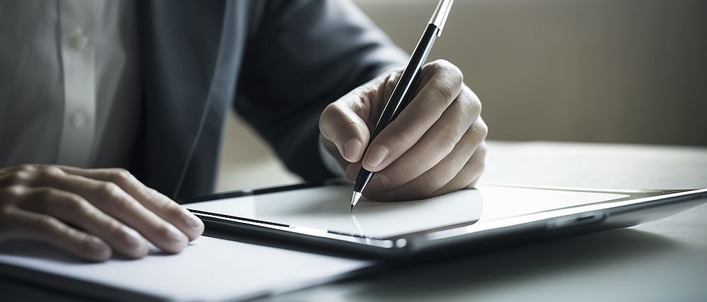 Eine Person schreibt mit einem Stift auf ein Tablet.