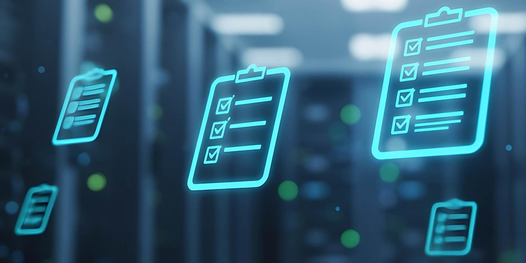 Digitale Checklisten schweben vor einem beleuchteten Serverraum.