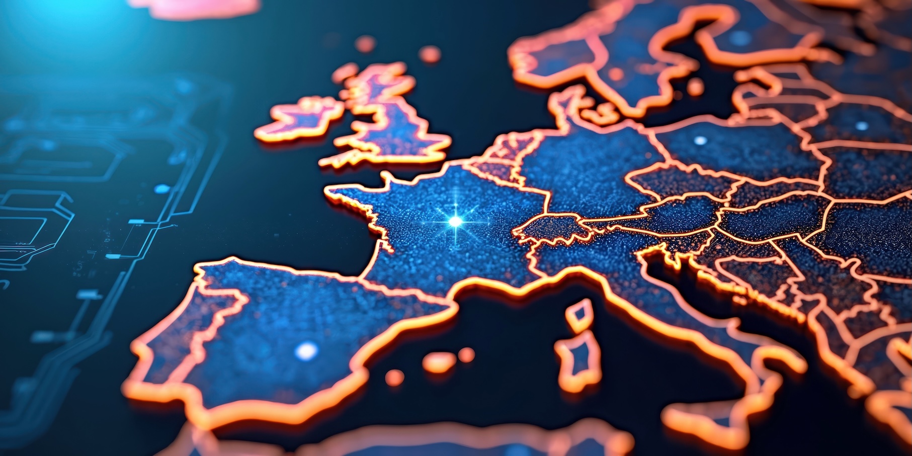 Karte von Westeuropa mit leuchtenden Landesgrenzen neben der schemenhaften Darstellung einer Speicherplatine