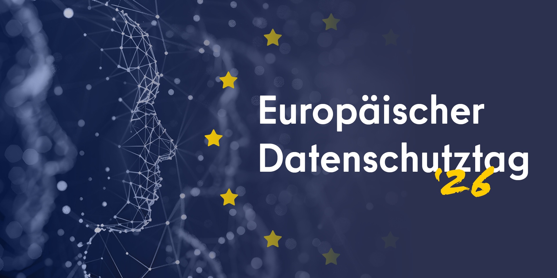 Ein stilisierter Kopf, blauer Hintergrund, darauf die Schrift: Europäischer Datenschutztag 2026